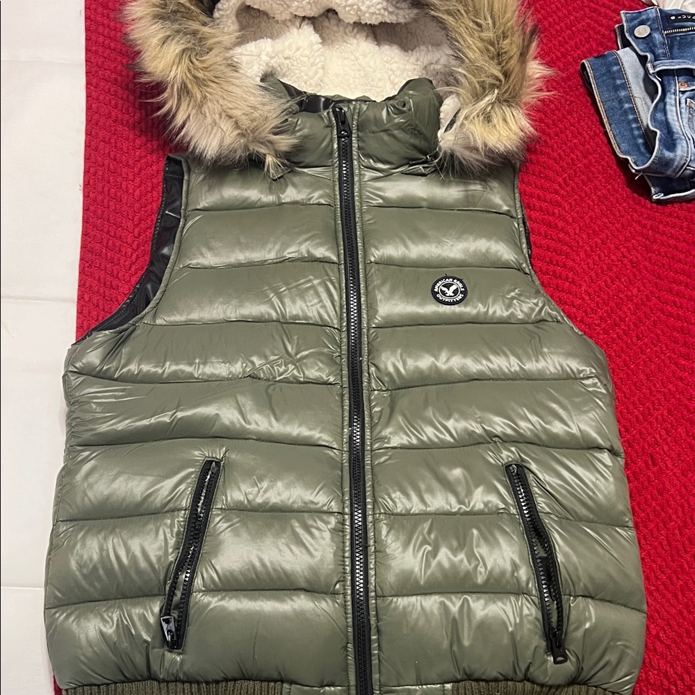 Olive Green Puffer Vest with Faux Fur Hood
